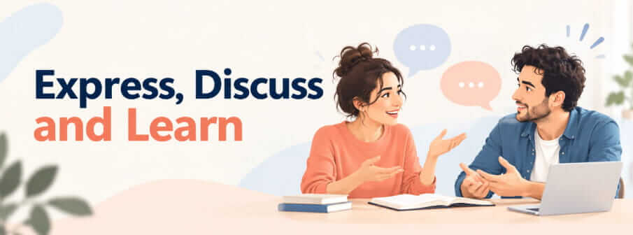 Two language learners sharing ideas and practising conversation in a friendly discussion.