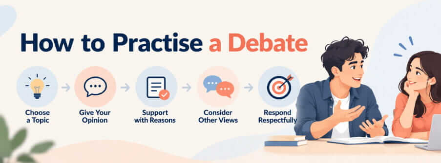 Steps for practising a language debate, from choosing a topic and giving an opinion to considering other views and responding respectfully.