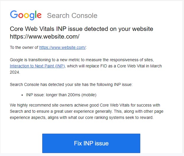 Email Notification From Google to fix INP Issue