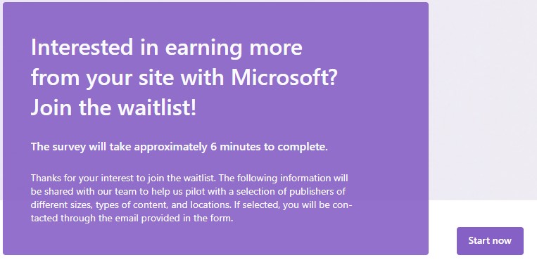 Join Microsoft Website Monetization Waitlist