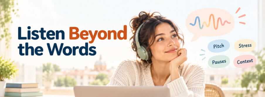 Language learner listening for tone, stress, pauses and intonation in another language