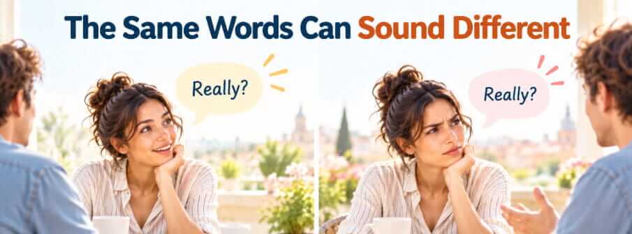 The same words being used with different tones in a language-learning conversation