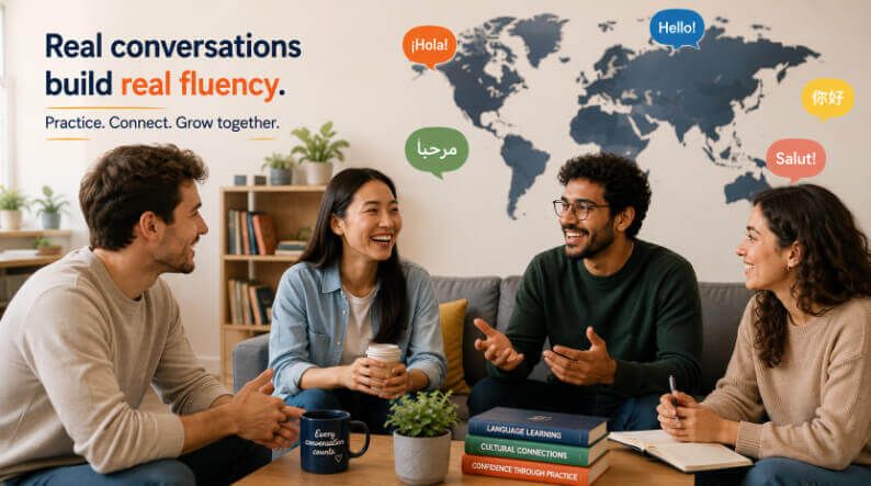 Language learners practicing through real conversation