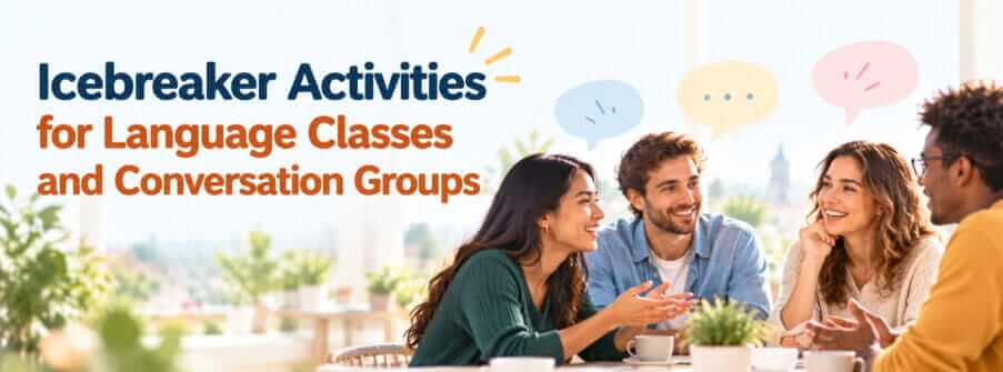 Language learners using icebreaker activities in a conversation group