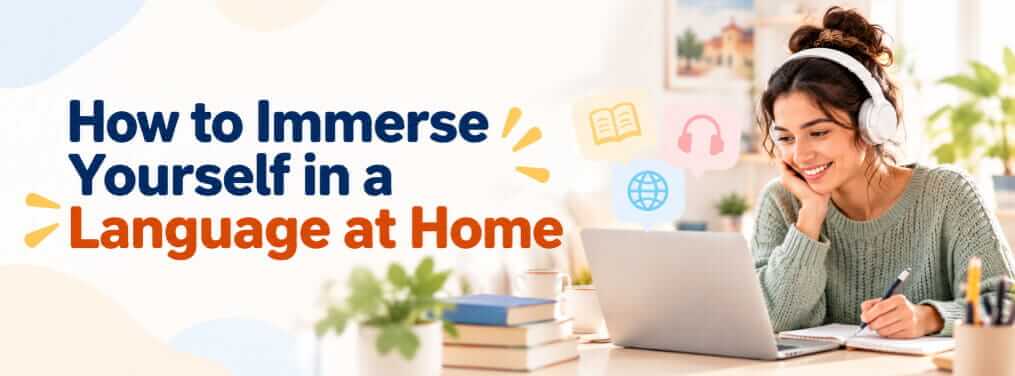Language learner practicing a target language at home